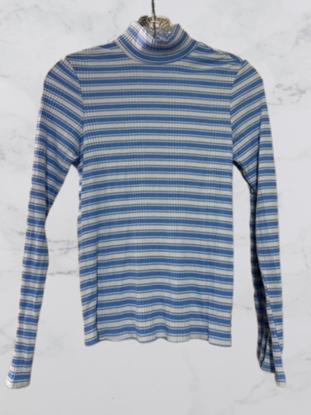 PINK Striped Blue Mock Neck Long Sleeve Top Size M